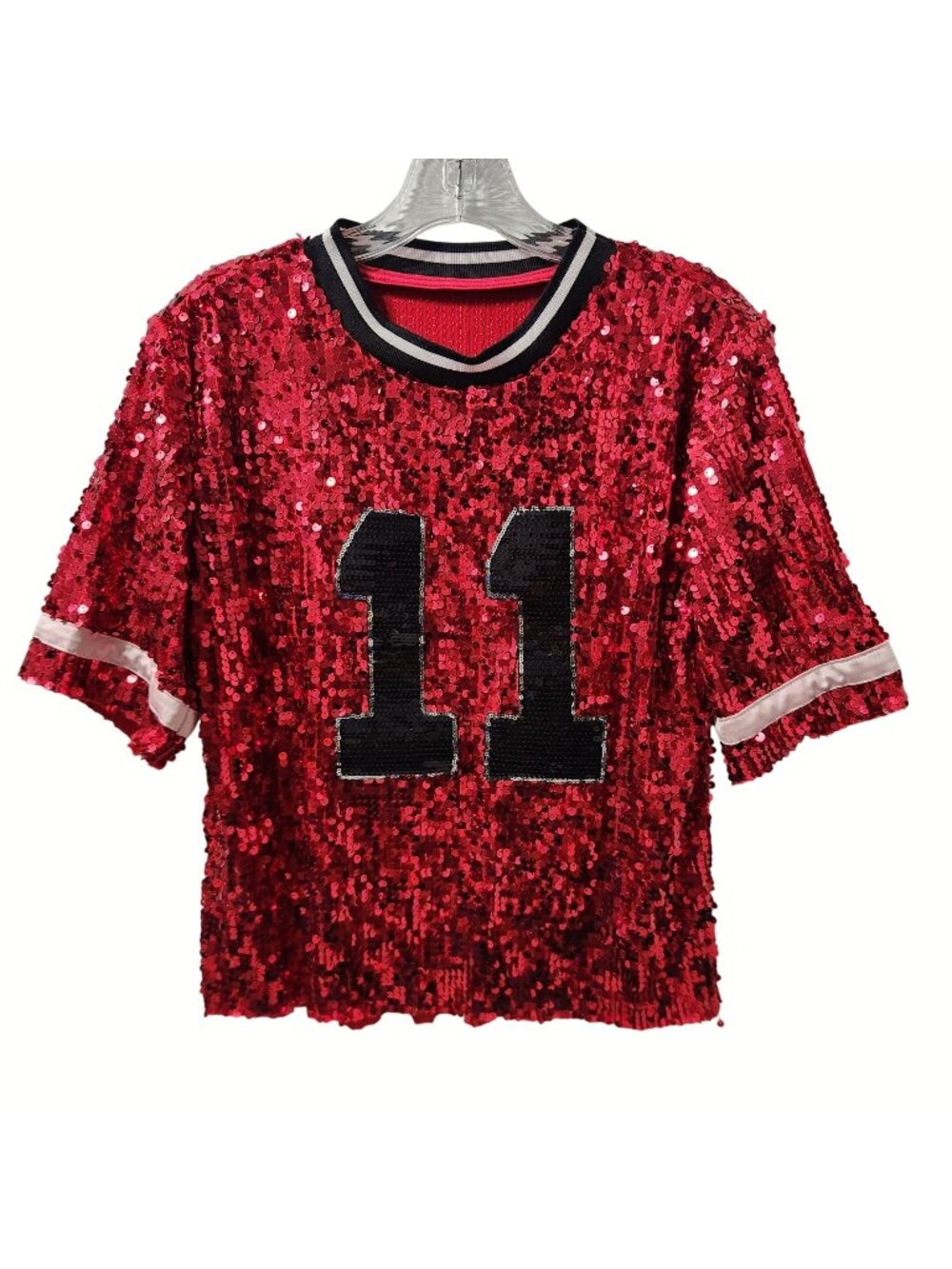 Red Sequin Football Jersey Style Top with Number 11 Short Sleeves & Ribbed